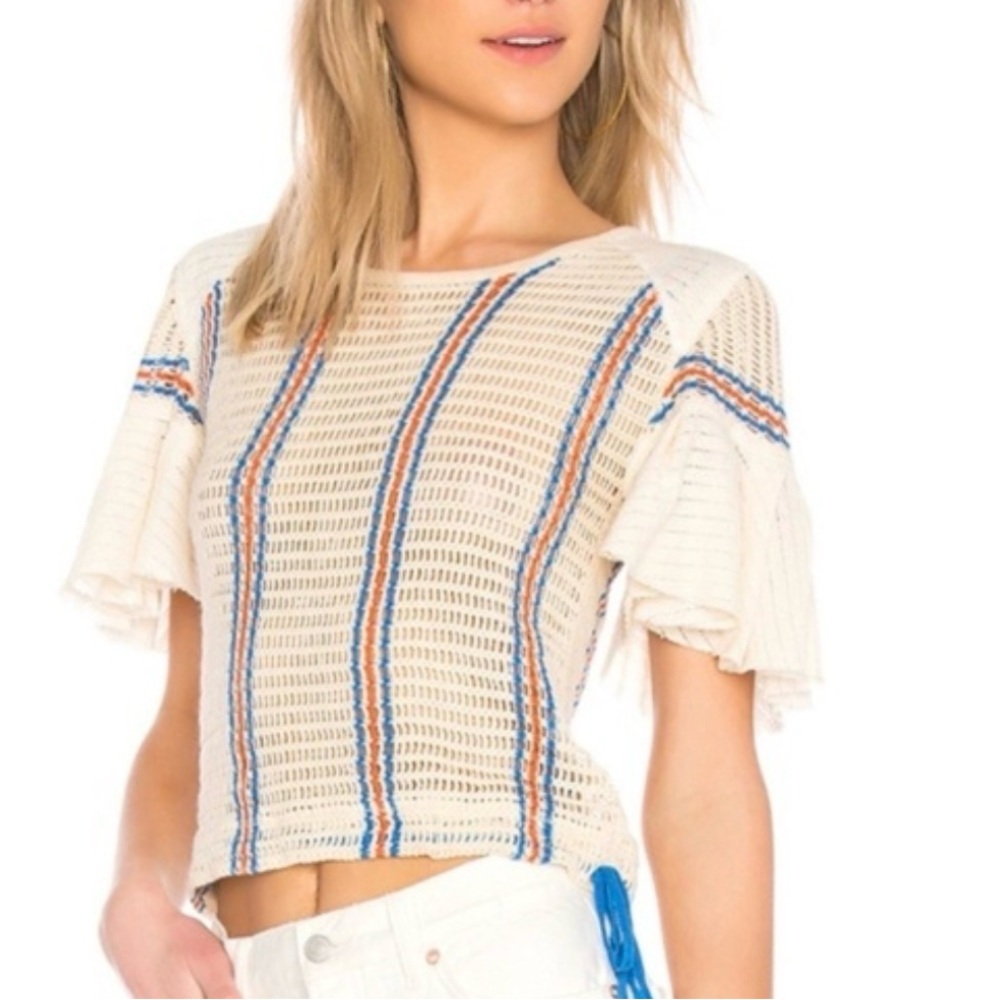 Free People Cream Knit Cropped Top with Blue and Orange Stripes